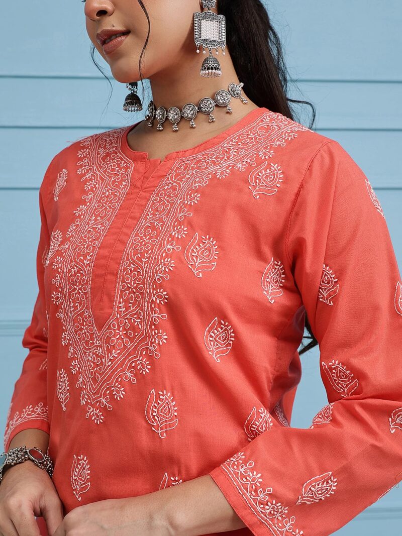 Ada Hand Embroidered Chikankari Red Cotton Top for Women A911387 (S) - Image 5