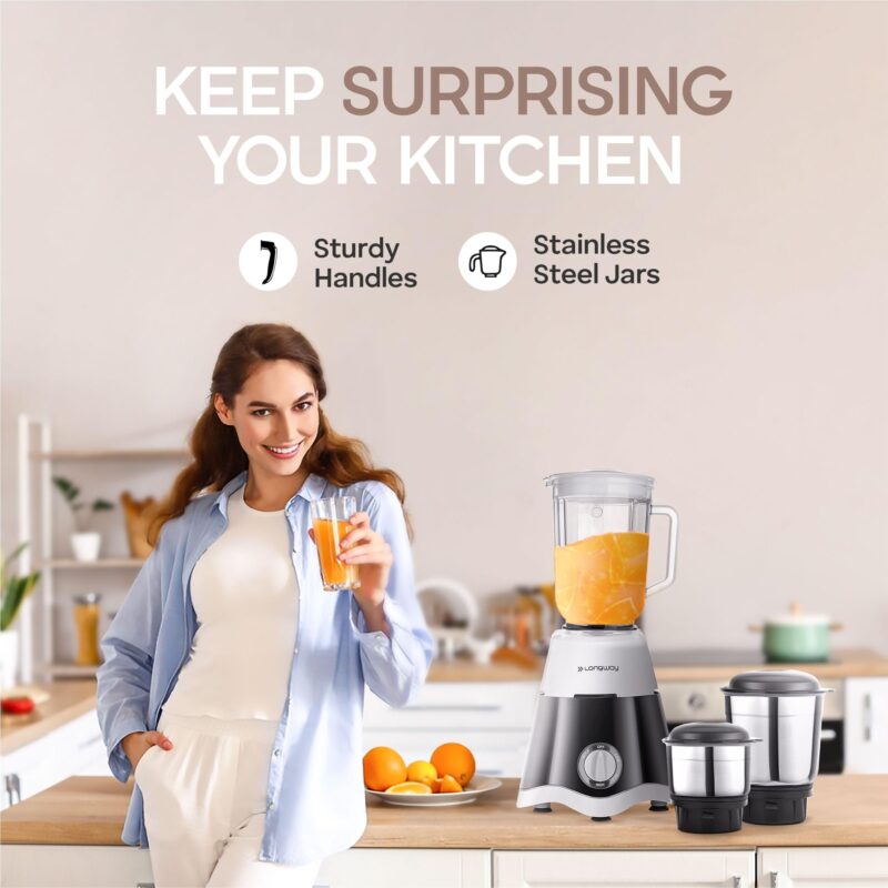 Longway Super Dlx Juicer Mixer Grinder | Up to 750W Max Output Powerful Motor | 4 Jars for Grinding, Mixing, Juicing | 2 Year Warranty | Black & Gray - Image 6
