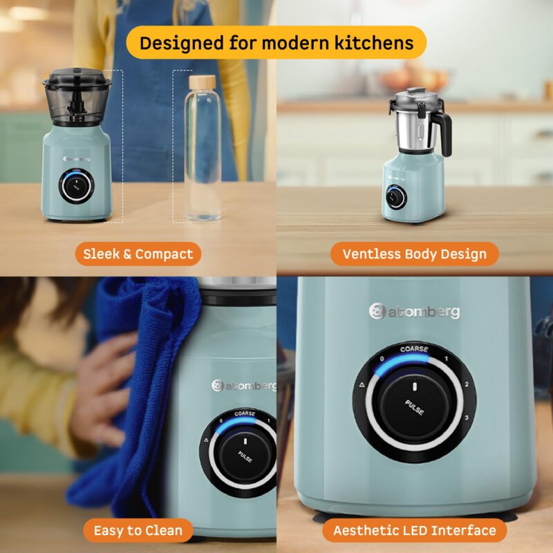 Atomberg Zenova Fresh Juicer Mixer Grinder For Kitchen | Smart BLDC Motor | Grinds Like 1000 Watt | Coarse Mode for Silbatta Texture | 4 Jar With Chopper | Coconut Milk Maker | Hands-Free | Misty Teal - Image 6