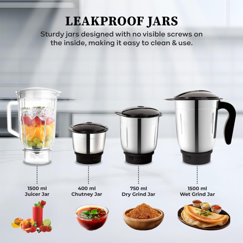 CADLEC JarGenie 750 Watt Mixer Grinder with 4 Jars | High-Power Motor for Grinding, Chutney, Mixing, Juicing & Blending | Durable ABS Body | 2-Year Warranty | Black & White - Image 5