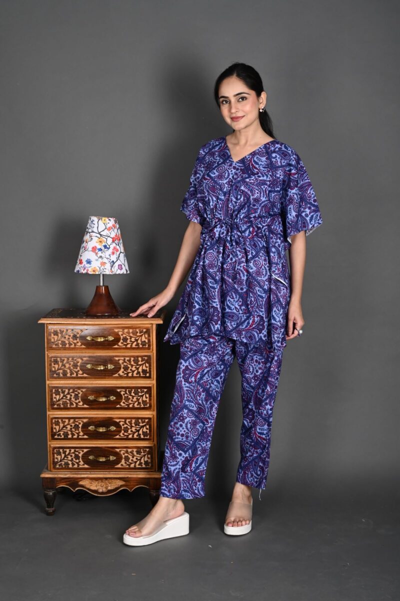 Bresdk Women's Cotton Printed Night Suit Kaftan Style Pyjama Co Ord Set for Women, Night Dress 2-Piece Outfits Pajama Wear - Free Size (Blue, Free Size) - Image 3