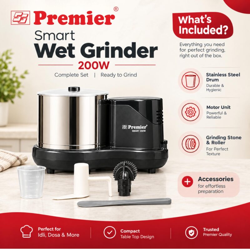 Premier Smart 2 Litre Table Top Wet Grinder 200 Watts 230V | Stainless Steel Drum | Free Coconut Scraper & Dough Kneader | 2 Stone Grinding | Easy Maintenance | 2 Years Motor Warranty | PG512 - Image 5