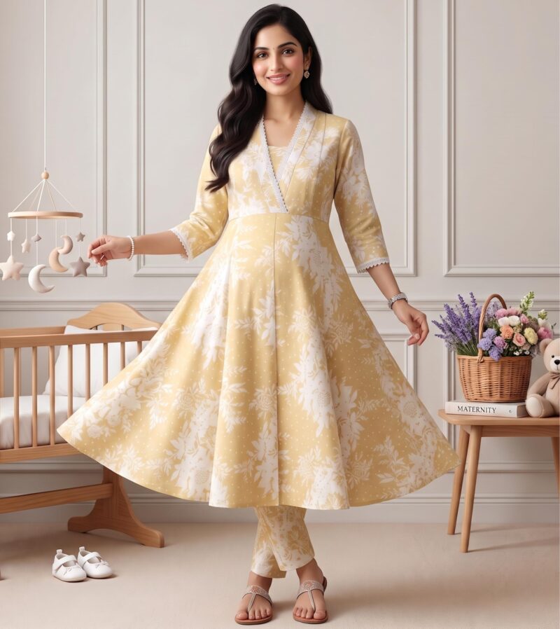 DUMMY SHAPE Maternity Dresses For Women Cotton Blend | Floral Anarkali Feeding Kurta Pant Cord Set With Nursing Zippers, Side Pocket | Pregnant & Breastfeeding Suit | Baby Shower | Pregnancy Mom Gifts - Image 8
