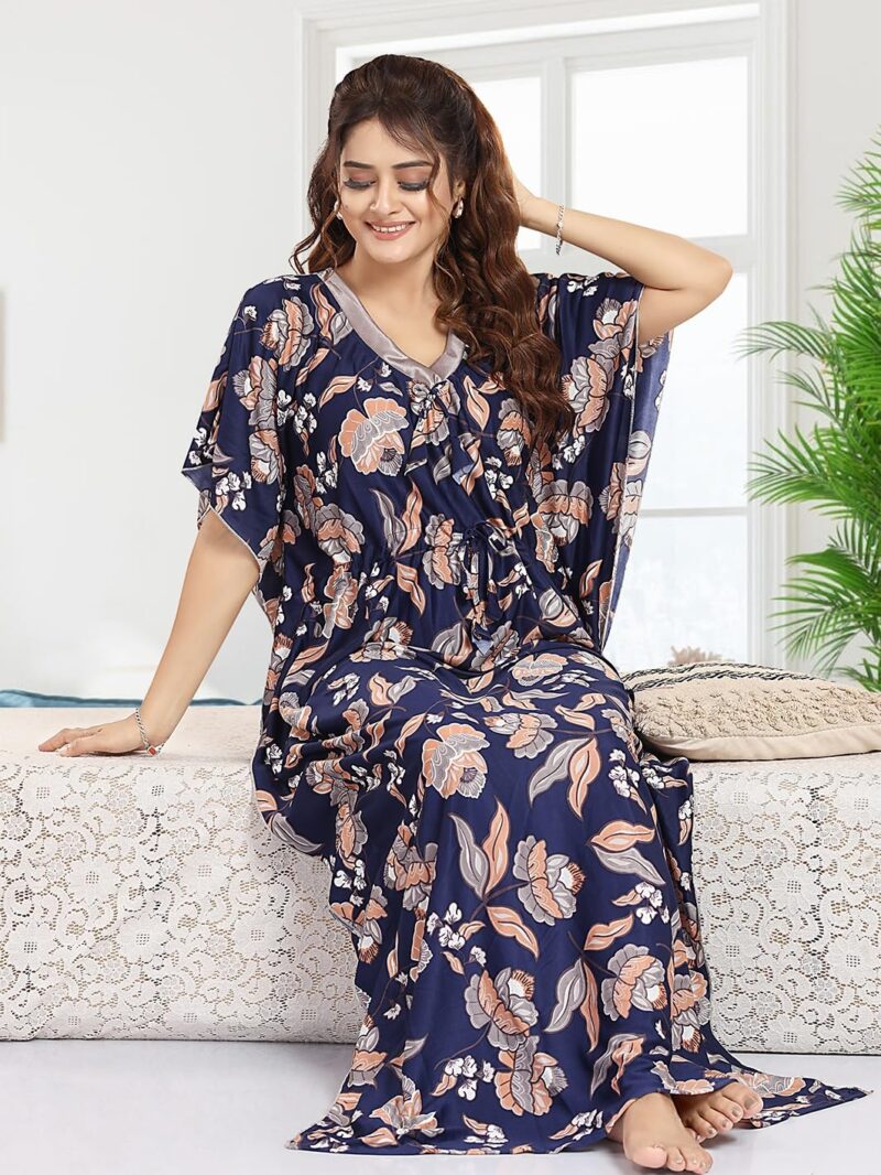 Gutthi Women's Kaftan Nighty | Printed | Sarena Fabric | V Shaped Neck Nightwear | Nightdress for Girl | Comfort wear Nighty (Blue Floral, Free Size) - Image 6