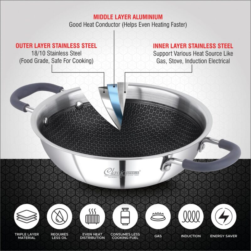 Classic Steels Hexa Comb Triply Kadai with Steel Lid - 1.5 LTR (20cm) | Stainless Steel Non-Stick Kadhai for Cooking | Gas & Induction Compatible | 2.5mm Thickness | Durable Stay Cool Silicon Handle - Image 4