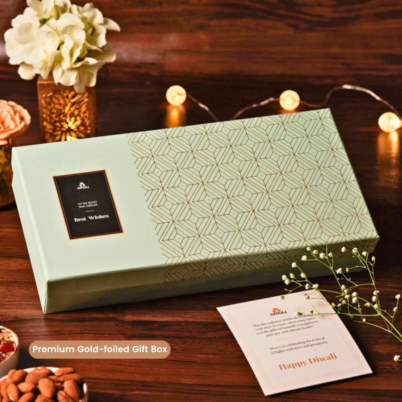 Omay Foods 10 Pcs Green Diwali Gift Box I Diwali Hamper for Corporates & Clients I Diwali Gift for Friends & Family I Roasted Dryfruits, Healthy Snacks, DIY Grow Kit, Candles I Premium Festive Hamper - Image 3