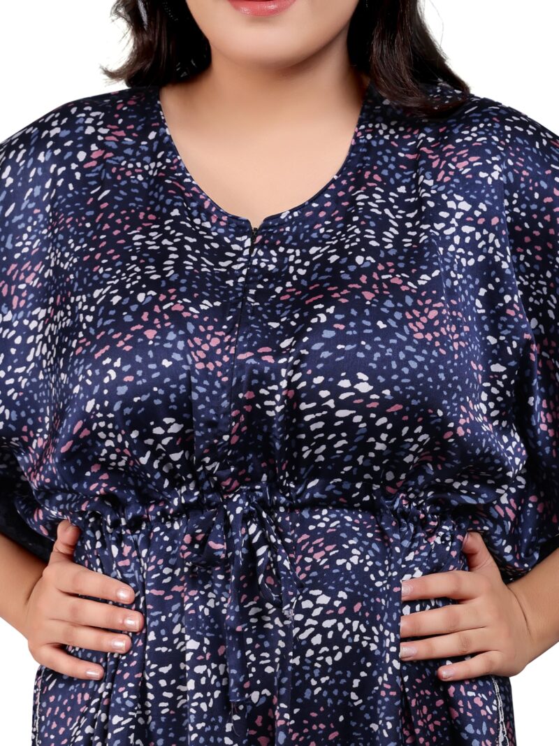 EliteZilla Kaftan Nighty| Nighty for Women Stylish| Night Gown for Women Stylish| Malai Satin Soft Fabric| Easy Front Zip| Relaxed Free Size Fit with Drawstring| Midnight Blue - Image 3
