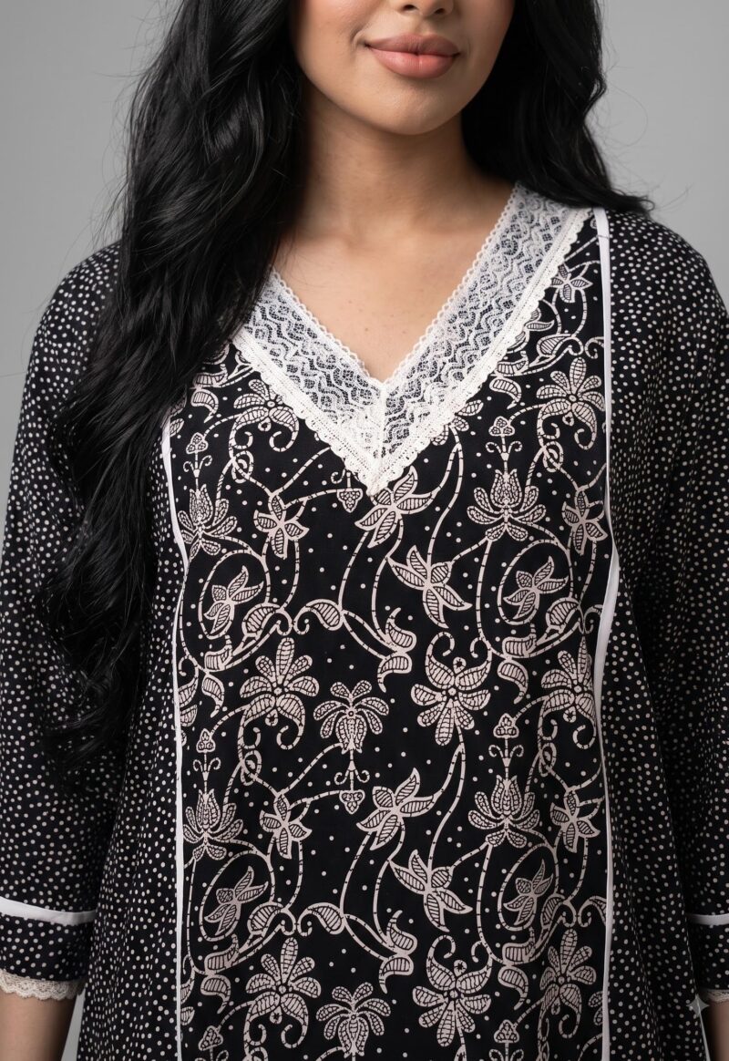 Evolove Farasha Kaftan Jalabiya Style Cotton Maxi Nighty for Women | V-Neck with Lace Trim | 3/4 Sleeves Full Length Nightdress, Black, L - Image 4