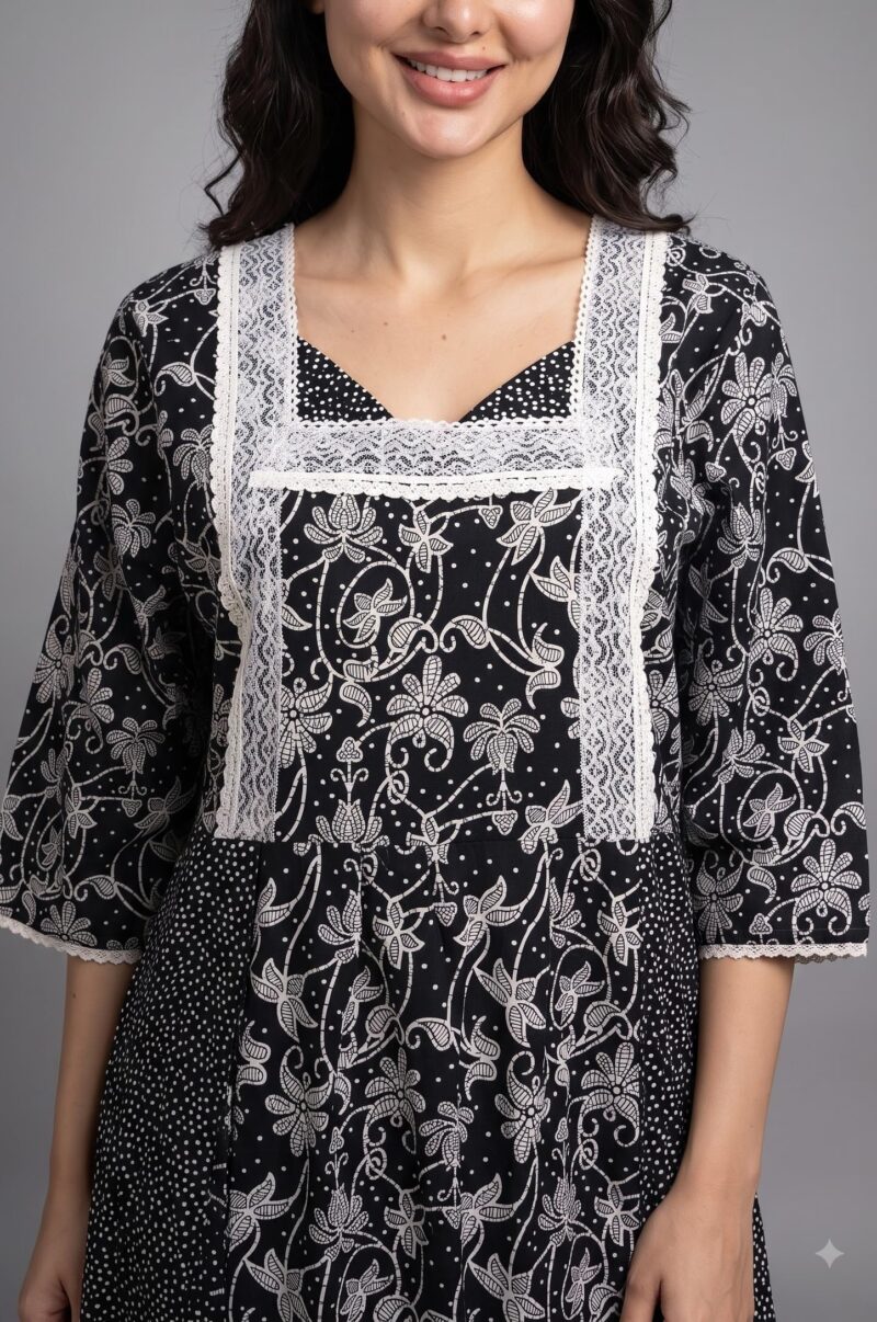 Evolove Farasha Kaftan Jalabiya Style Cotton Maxi Nighty for Women | V-Neck with Lace Trim | 3/4 Sleeves Full Length Nightdress, Jet Black, M - Image 4