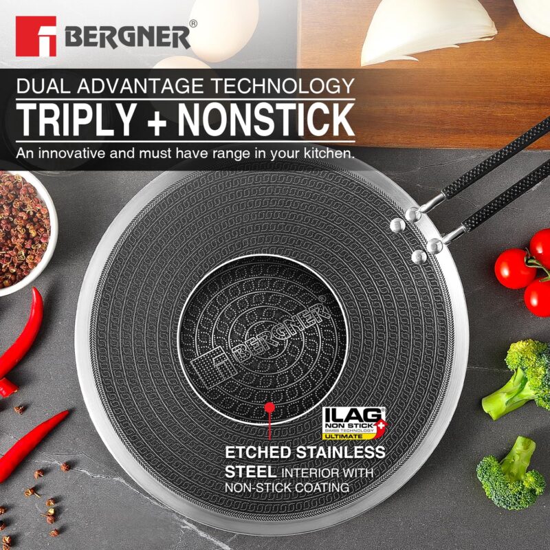 Bergner Hi-Tech Giro Triply Stainless Steel Roti Tawa 26cm, Non-Stick Tava for Chapati/Paratha, Honeycomb Non-Stick Coating, PFOA Free, Healthy Cooking, Stay Cool Handle, Induction and Gas Stove Ready - Image 3