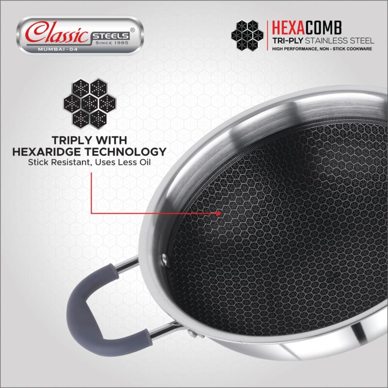 Classic Steels Hexa Comb Triply Kadai with Steel Lid - 1.5 LTR (20cm) | Stainless Steel Non-Stick Kadhai for Cooking | Gas & Induction Compatible | 2.5mm Thickness | Durable Stay Cool Silicon Handle - Image 6