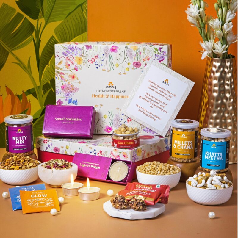 Omay Foods 13 Pcs The Festive Nuts Gift Box I Diwali Hamper for Corporates & Clients I Diwali Gift for Friends & Family I Healthy Snacks, Premium Dry Fruits, Candles, Diya I Premium Gift Hamper