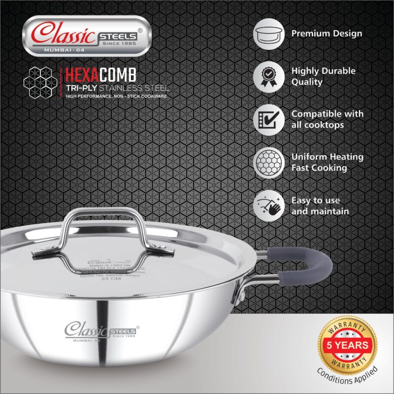 Classic Steels Hexa Comb Triply Kadai with Steel Lid - 1.5 LTR (20cm) | Stainless Steel Non-Stick Kadhai for Cooking | Gas & Induction Compatible | 2.5mm Thickness | Durable Stay Cool Silicon Handle - Image 7