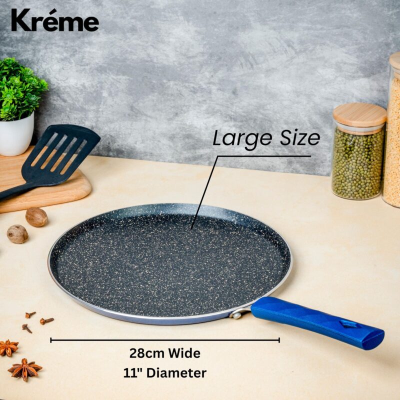 Kreme Aluminium Non-Stick Dosa Tawa | Granite Finish | Gas and Induction Compatible | PFOA Free | High Temperature Resistant Exterior Coating | Sturdy Soft Touch Handle | ISI Certified | 28 Cm | Blue - Image 2