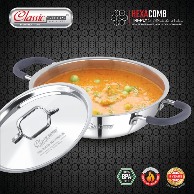 Classic Steels Hexa Comb Triply Kadai with Steel Lid - 1.5 LTR (20cm) | Stainless Steel Non-Stick Kadhai for Cooking | Gas & Induction Compatible | 2.5mm Thickness | Durable Stay Cool Silicon Handle - Image 2
