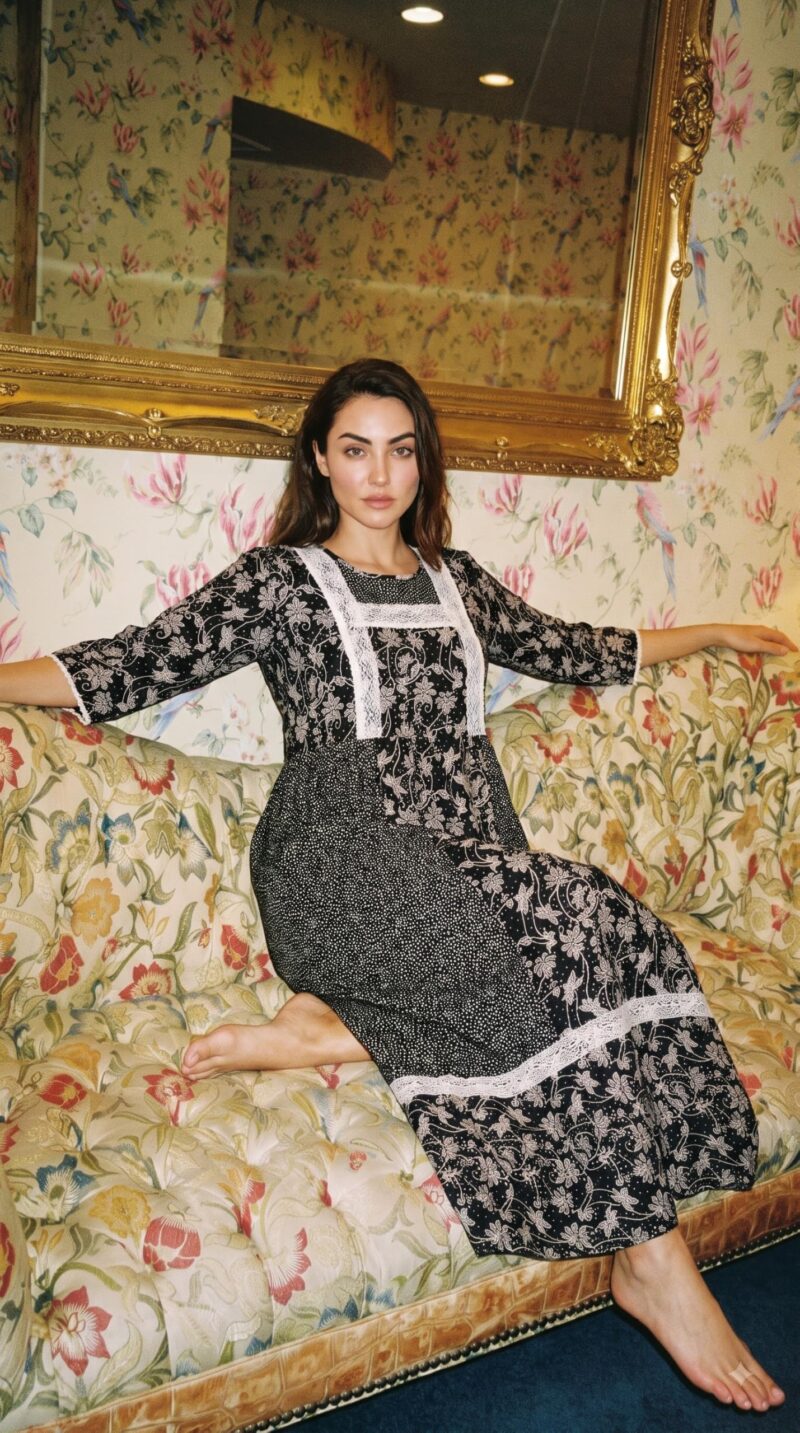 Evolove Farasha Kaftan Jalabiya Style Cotton Maxi Nighty for Women | V-Neck with Lace Trim | 3/4 Sleeves Full Length Nightdress, Jet Black, M - Image 6