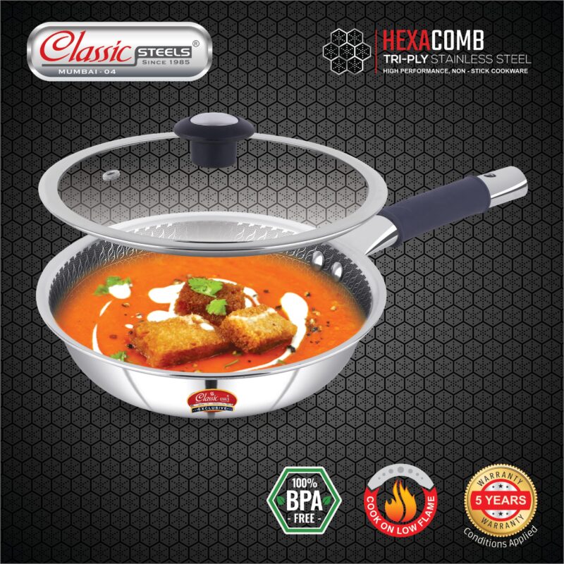 Classic Steels Hexa Comb Triply Frypan with Glass Lid - 1.5 LTR (22cm) | Stainless Steel Non-Stick Fry Pan | Induction & Gas Compatible | 2.5mm Thickness | Durable Stay Cool Silicon Handle - Image 2