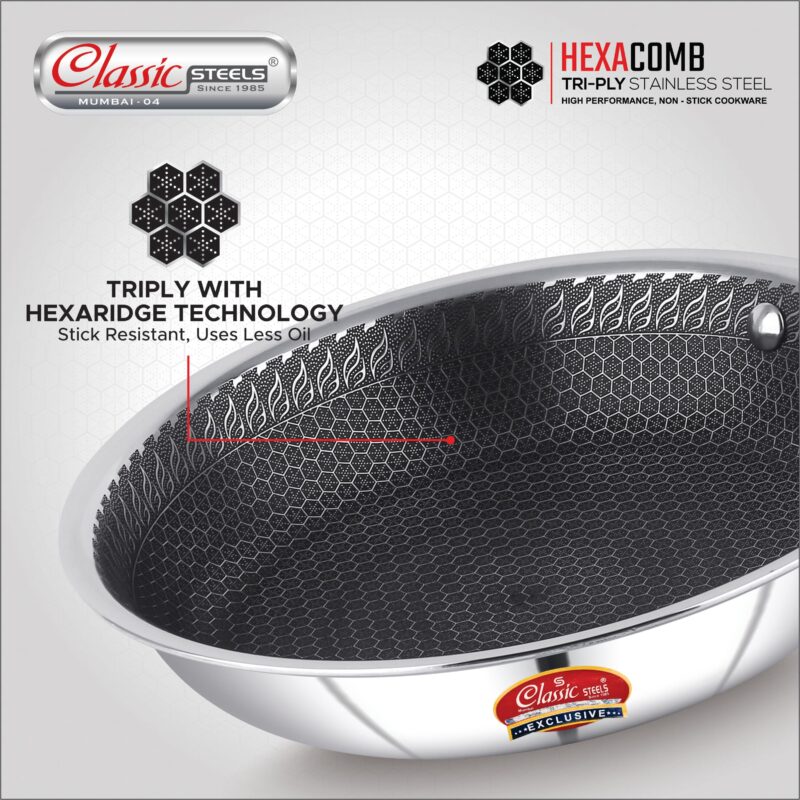 Classic Steels Hexa Comb Triply Frypan Without Lid – 1 LTR (20cm) | Stainless Steel Non-Stick Fry Pan | Induction & Gas Compatible | 2.5mm Thickness | Durable Stay Cool Silicon Handle - Image 6