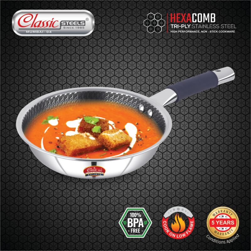 Classic Steels Hexa Comb Triply Frypan Without Lid – 1 LTR (20cm) | Stainless Steel Non-Stick Fry Pan | Induction & Gas Compatible | 2.5mm Thickness | Durable Stay Cool Silicon Handle - Image 2