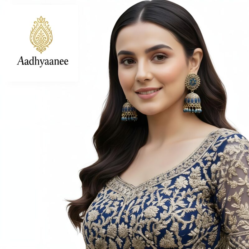 Aadhyaanee Traditional Jhumka Earrings for Women – Ethnic Gold Tone Flower Design Indian Earrings with Beaded Drops – Lightweight Jhumki Jewelry for Weddings, Festivals & Ocasional Wear (Navy Blue & Antique Gold) - Image 6