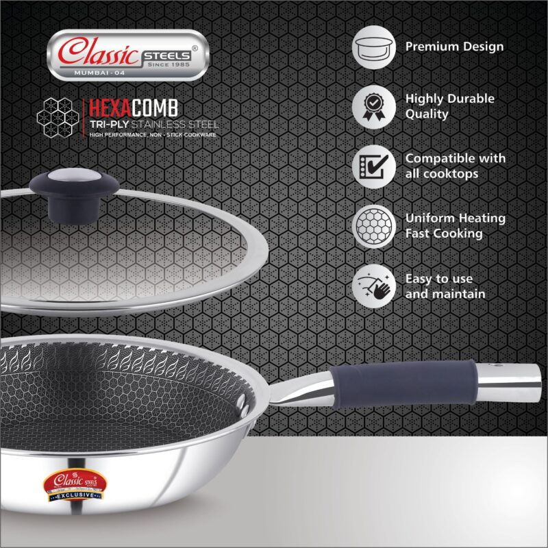 Classic Steels Hexa Comb Triply Frypan with Glass Lid - 1.5 LTR (22cm) | Stainless Steel Non-Stick Fry Pan | Induction & Gas Compatible | 2.5mm Thickness | Durable Stay Cool Silicon Handle - Image 7