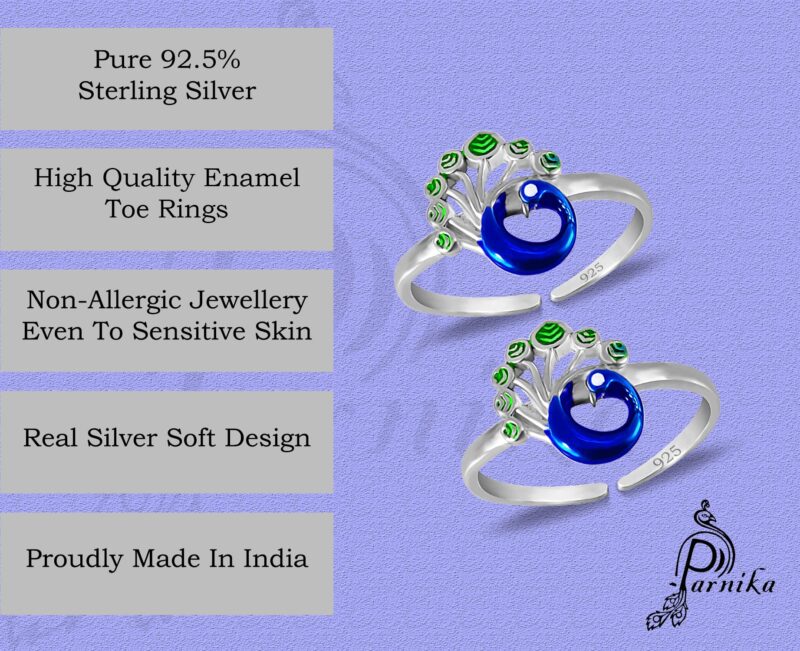 Parnika MJ Exuberant Colourful Peacock Design Toe Rings in Pure 92.5 Sterling Silver for Women | Chandi bichiya | With Certificate of Authenticity | - Image 7