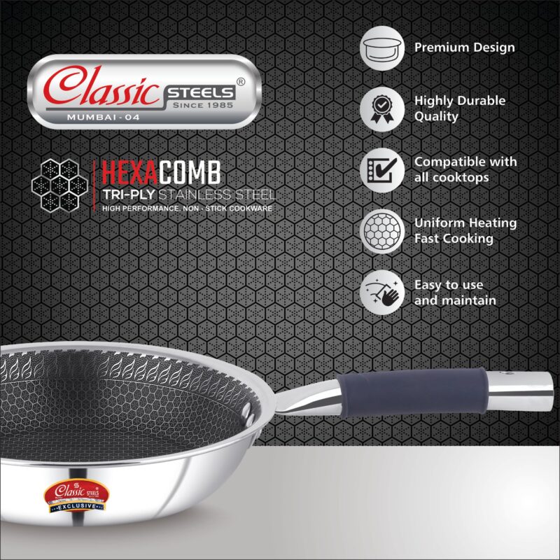 Classic Steels Hexa Comb Triply Frypan Without Lid – 2 LTR (24cm) | Stainless Steel Non-Stick Fry Pan | Induction & Gas Compatible | 2.5mm Thickness | Durable Stay Cool Silicon Handle - Image 7
