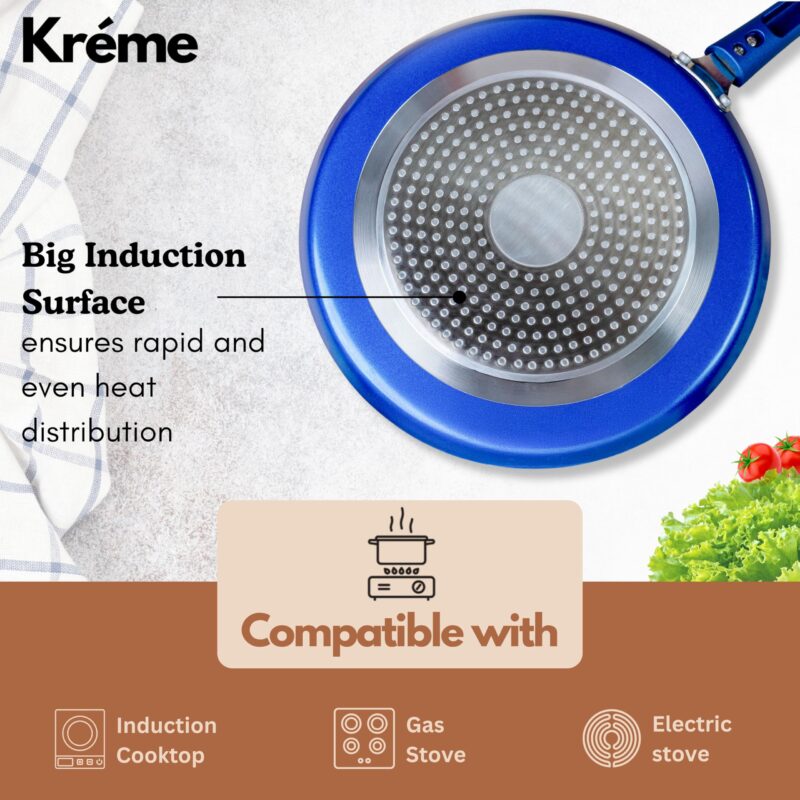 Kreme Aluminium Non-Stick Dosa Tawa | Granite Finish | Gas and Induction Compatible | PFOA Free | High Temperature Resistant Exterior Coating | Sturdy Soft Touch Handle | ISI Certified | 28 Cm | Blue - Image 6
